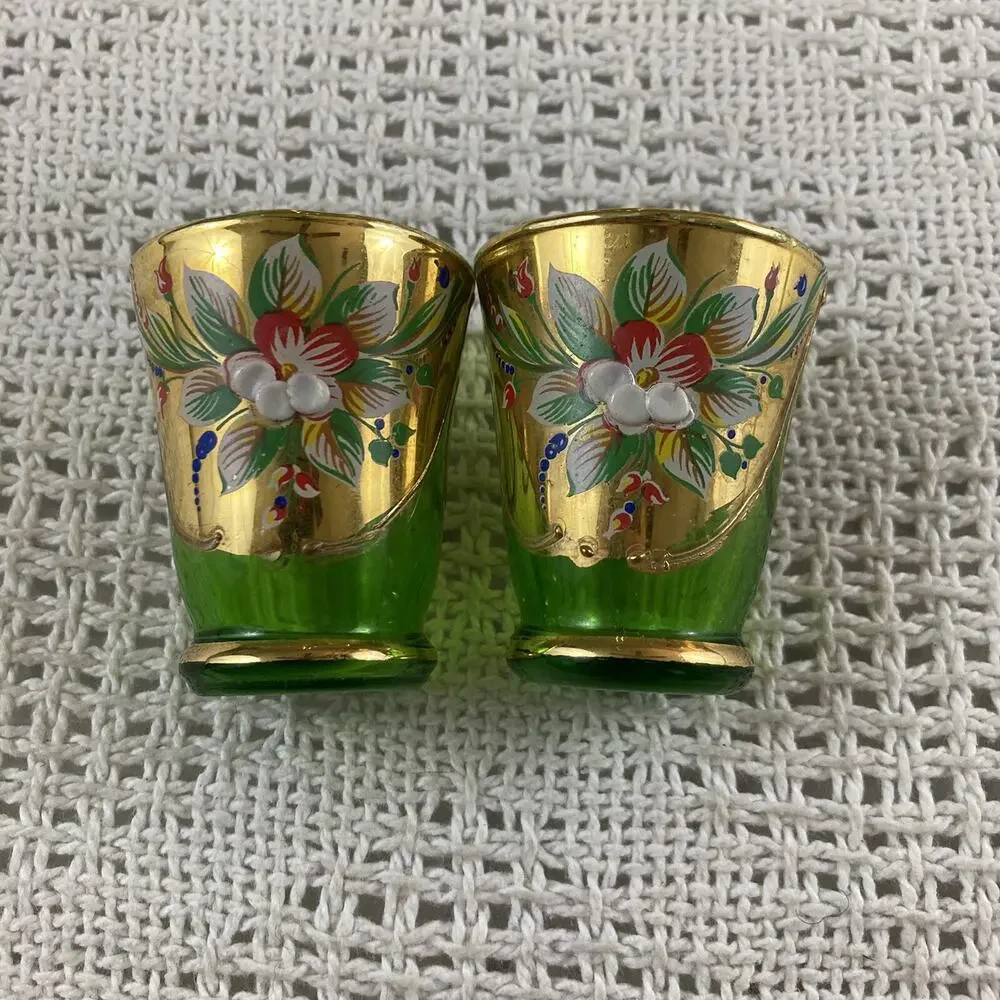 Venetian Italian Decanter Vintage Green and Gold Floral Stopper & 2 Shot Glasses
